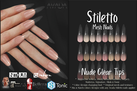 Second Life Marketplace - Avada~ Stiletto Nails - Nude Clear Tips
